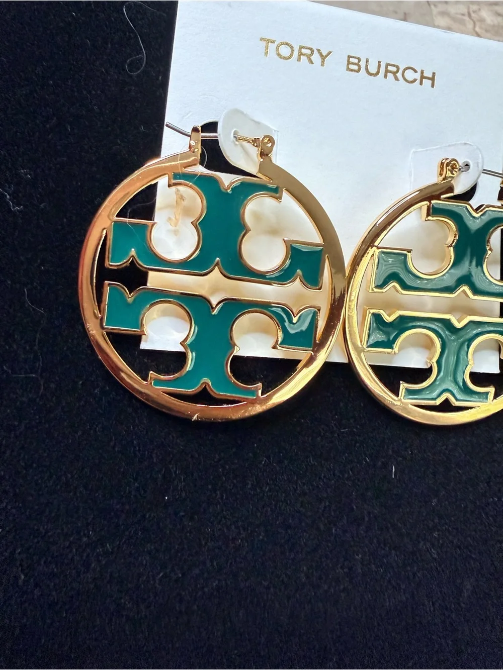 Tory Burch Gold Hoop Earrings with Green Enamel Logo